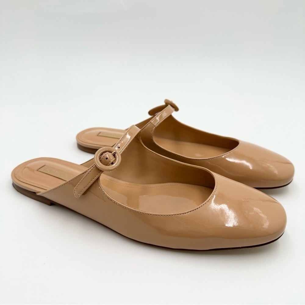 Larroude Blair Flat Mule In Tan Patent Leather